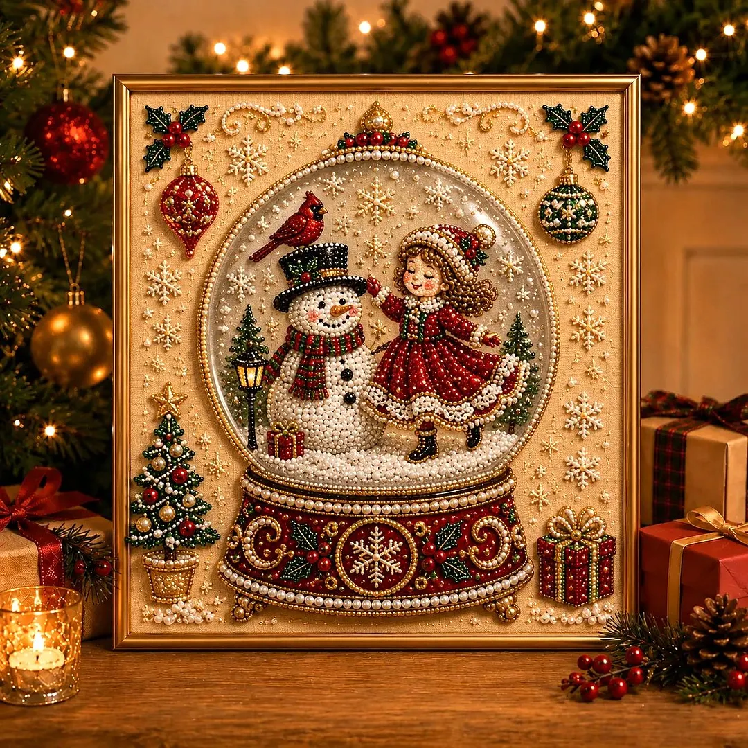Framed Xmas Snow Globe - Pearls Painting Kit DIY Christmas Diamond Painting Pearl Dot Crafts 20x20CM
