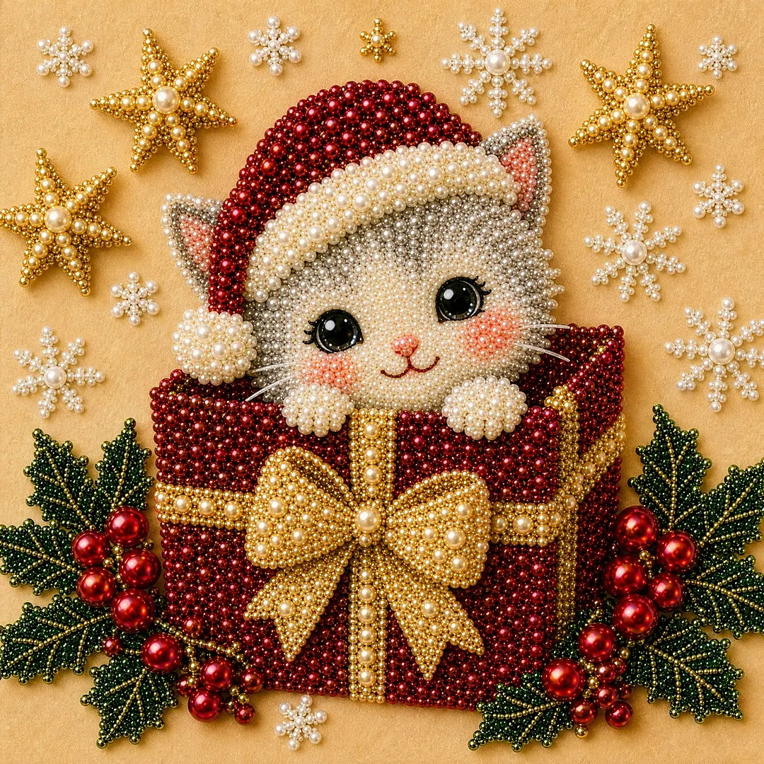 Framed Christmas Gift Kitten - Pearls Painting Kit DIY Diamond Painting Pearl Dot Crafts 20x20CM