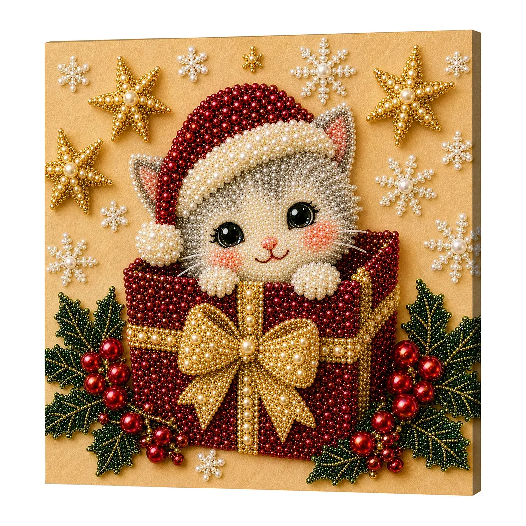 Framed Christmas Gift Kitten - Pearls Painting Kit DIY Diamond Painting Pearl Dot Crafts 20x20CM