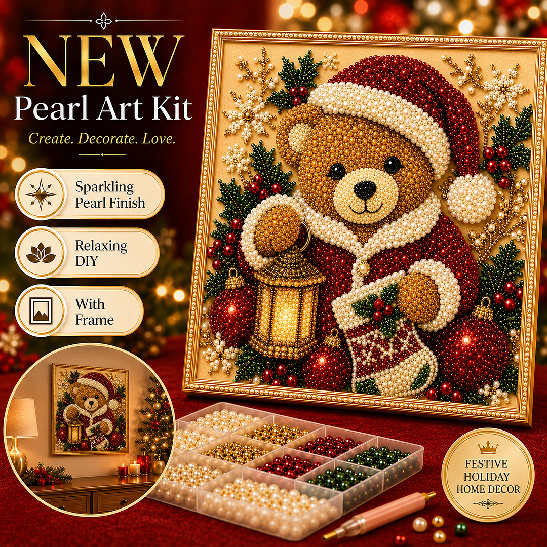 Framed Christmas Bear - Pearls Painting Kit DIY Diamond Painting Pearl Dot Crafts 20x20CM