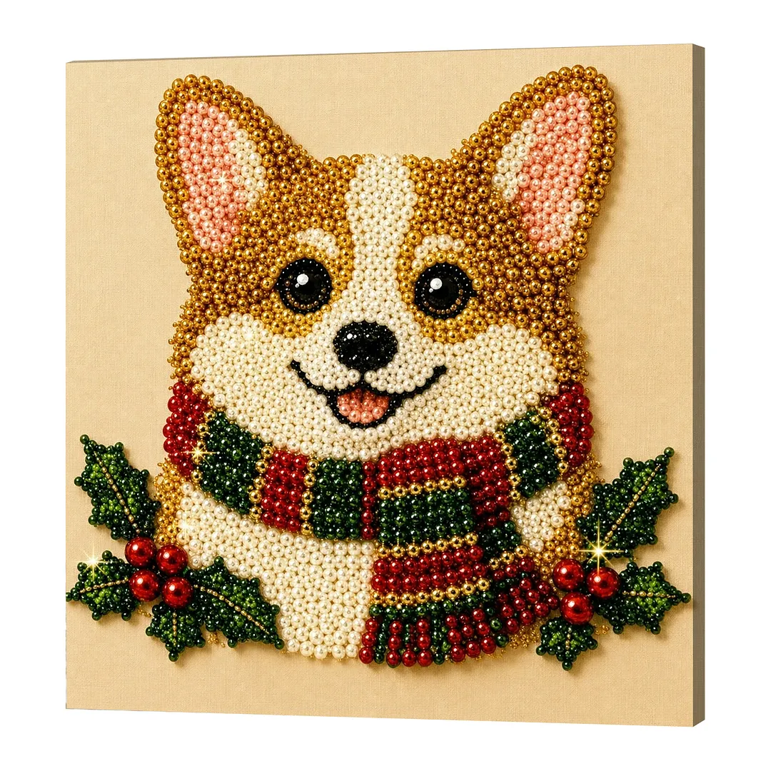 Framed Christmas Corgi - Pearls Painting Kit DIY Diamond Painting Pearl Dot Crafts 20x20CM