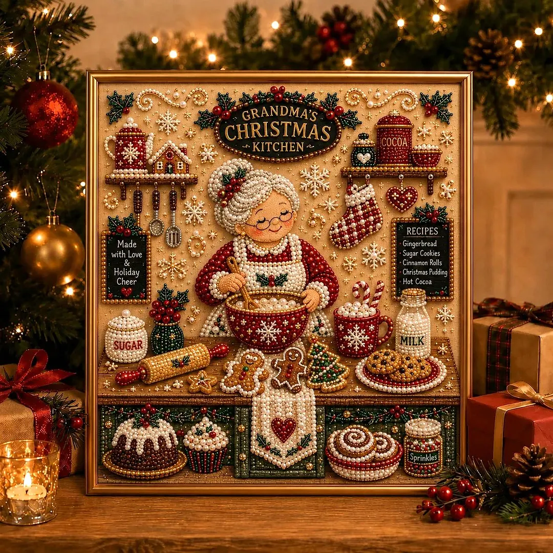 Framed Xmas Kitchen - Pearls Painting Kit DIY Christmas Diamond Painting Pearl Dot Crafts 20x20CM