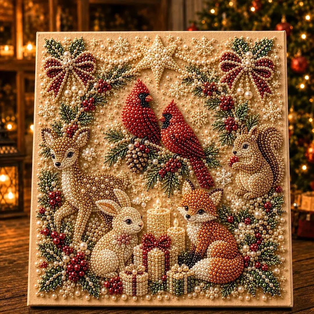 Framed Forest Xmas Critters - Pearls Painting Kit DIY Christmas Diamond Painting Pearl Dot Crafts 20x20CM
