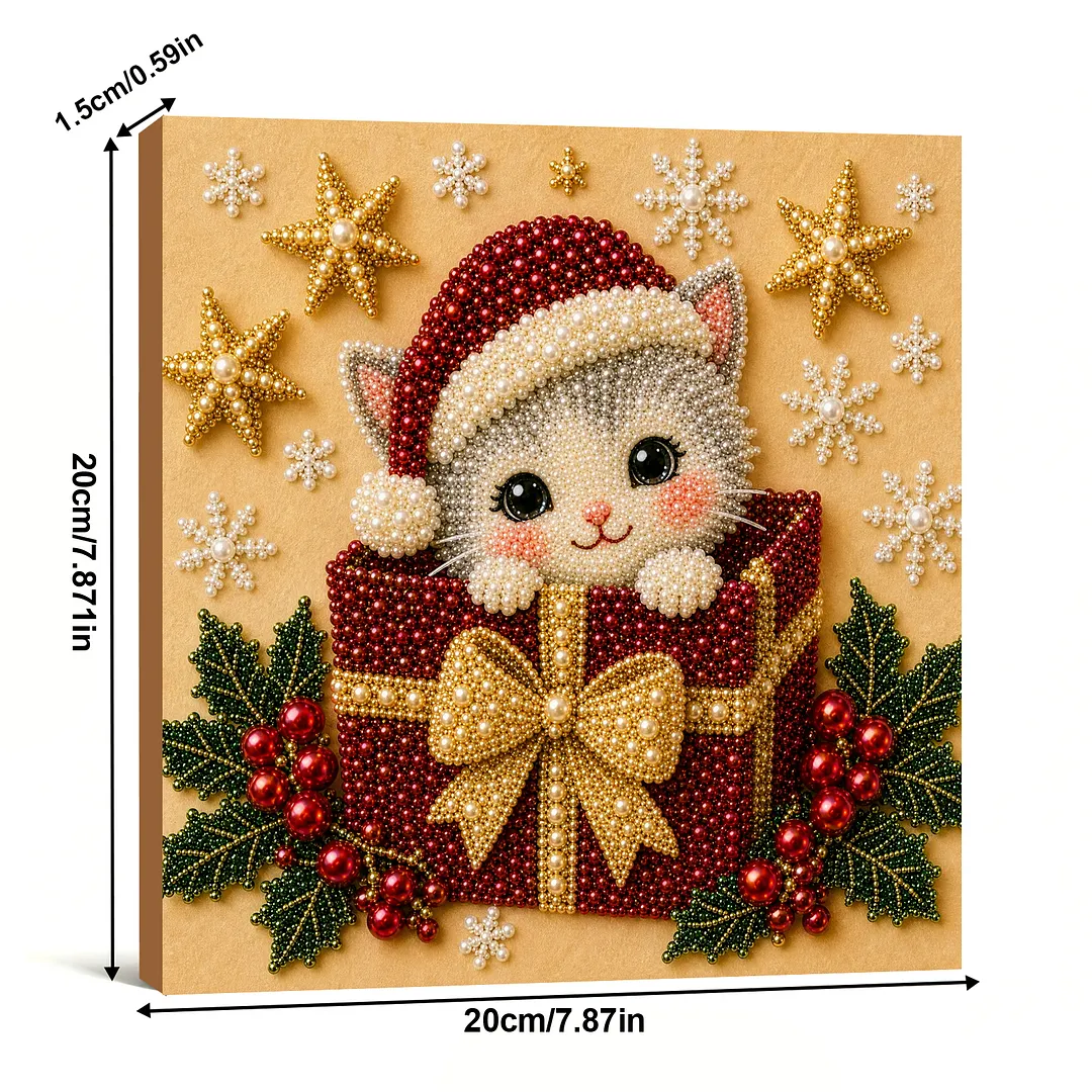 Framed Christmas Gift Kitten - Pearls Painting Kit DIY Diamond Painting Pearl Dot Crafts 20x20CM