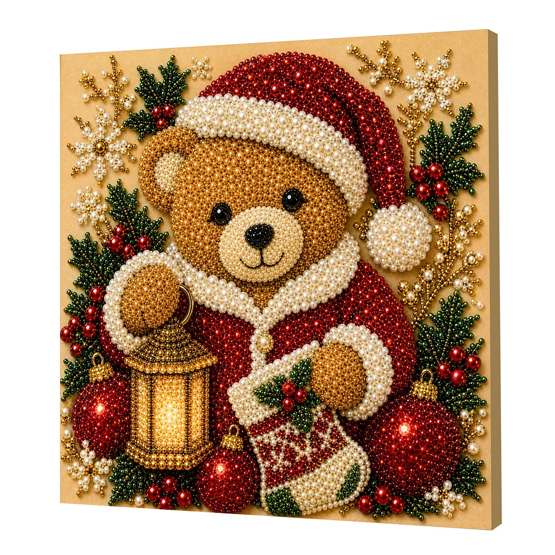 Framed Christmas Bear - Pearls Painting Kit DIY Diamond Painting Pearl Dot Crafts 20x20CM