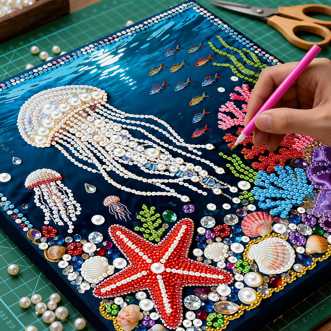 Framed Jellyfish - Pearls Painting Kit for Creativity DIY Pearl Dot Crafts for Gift Home Wall Decor 25*25CM