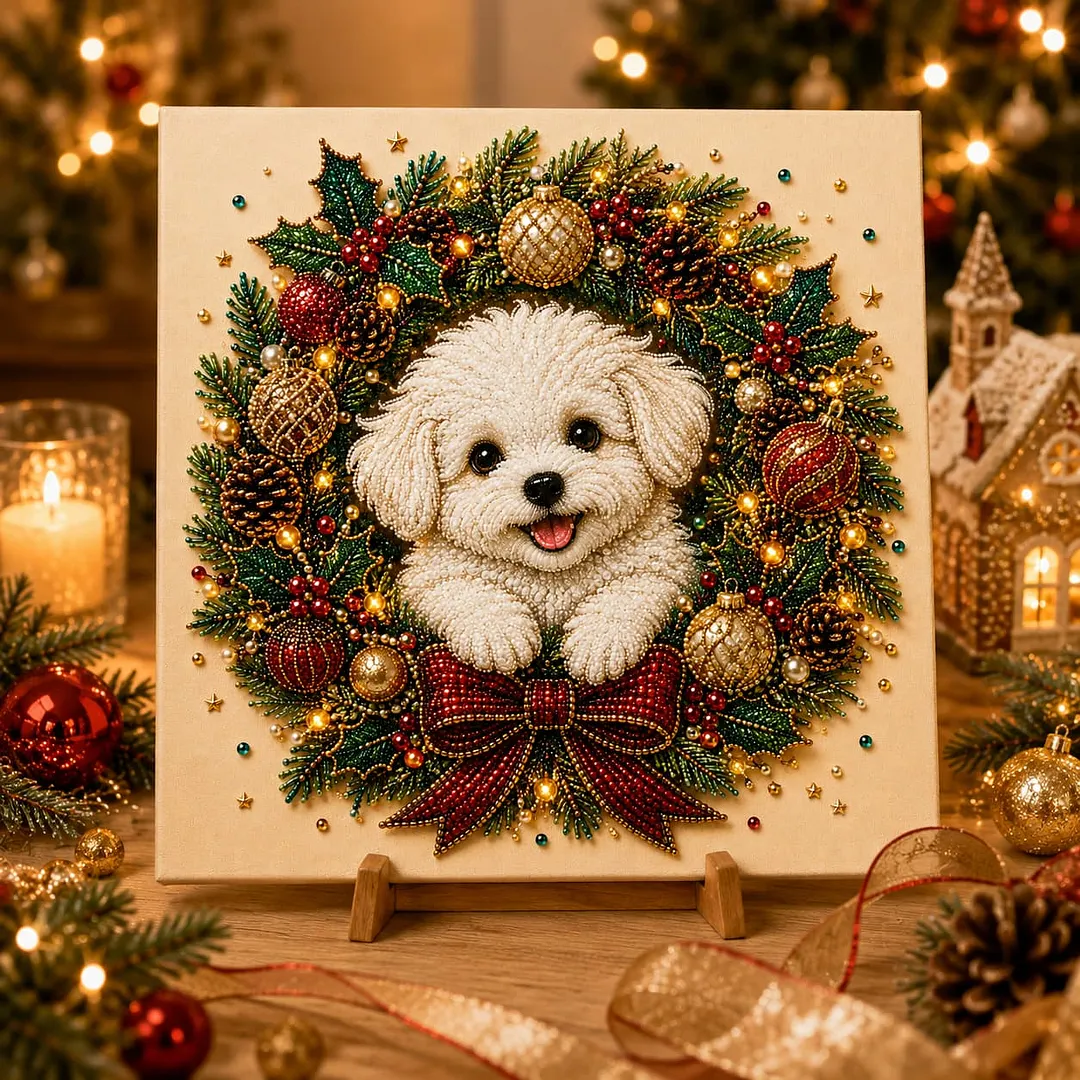 Framed Wreath Bichon - Pearls Painting Kit DIY Diamond Painting Pearl Dot Crafts 20x20CM