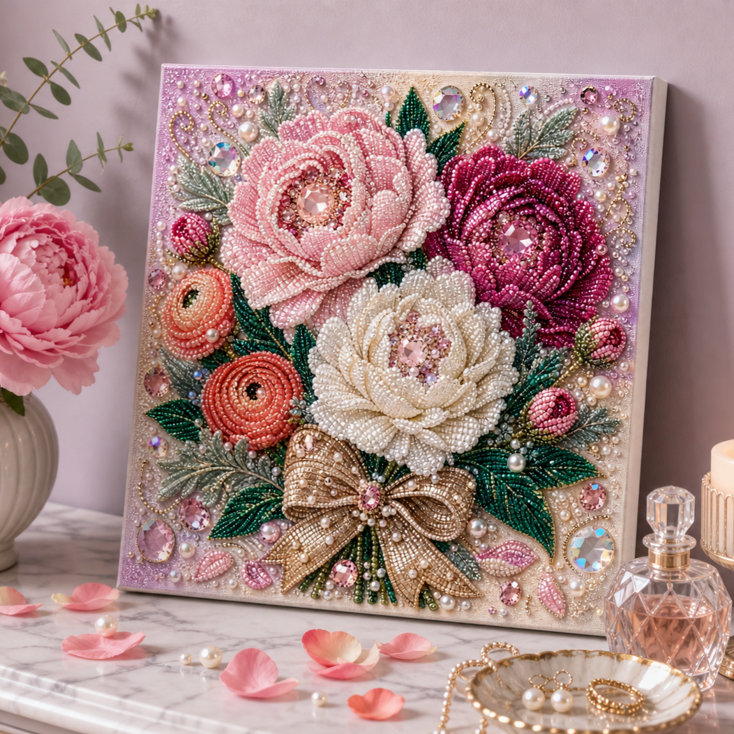 Framed Peonies - Pearls Painting Kit DIY Diamond Painting Pearl Dot Crafts 20x20CM