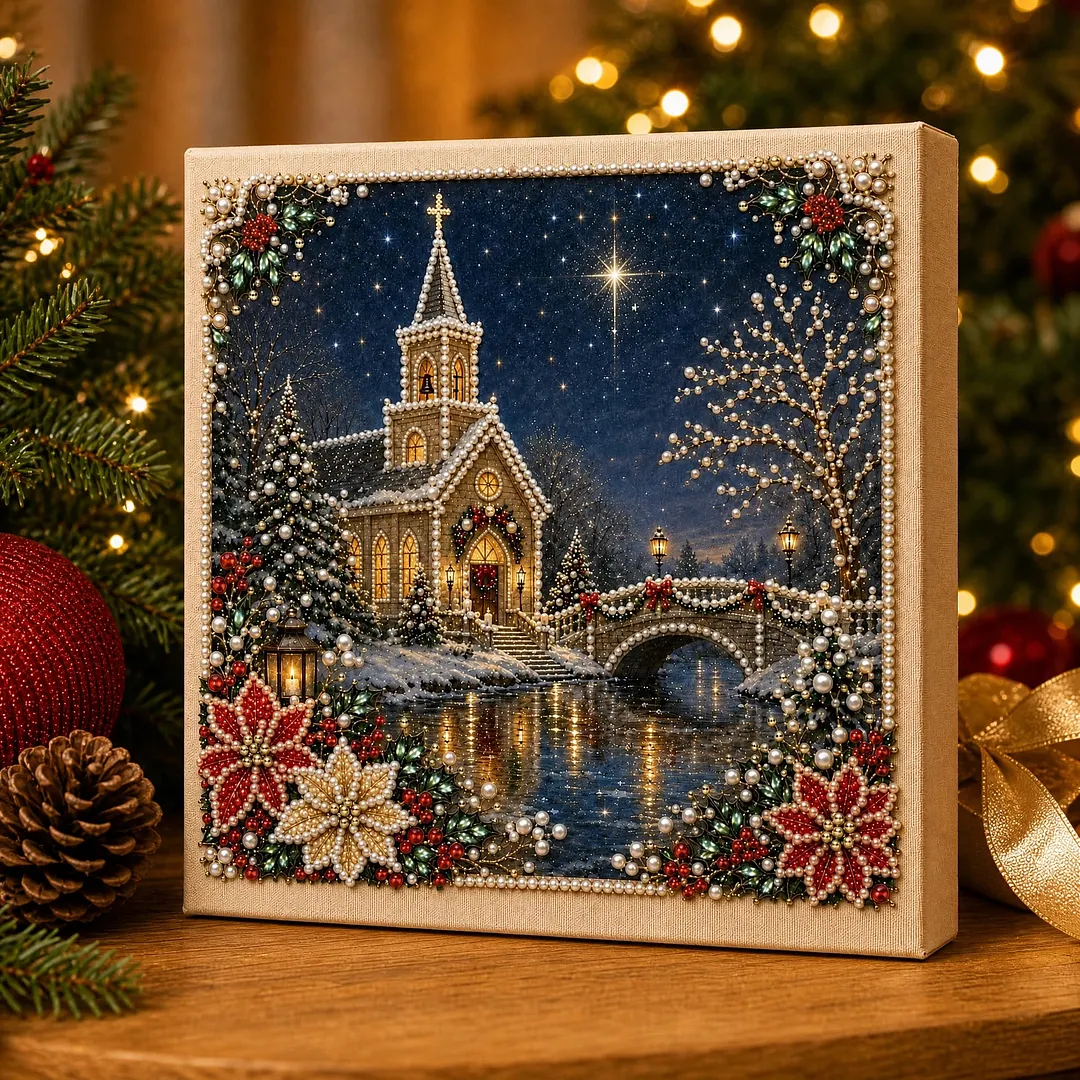 Framed Winter Church - Pearls Painting Kit DIY Diamond Painting Pearl Dot Crafts 20x20CM