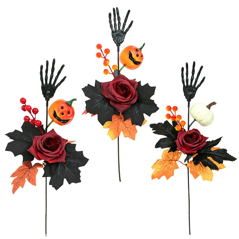 Simulated Flower Skull Hand Single Halloween Home Decoration Ghost Face Pumpkin Simulated Rose Black Maple Leaf Cutting