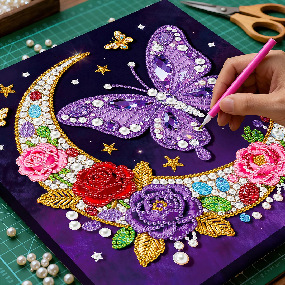 Framed Moon Butterfly - Pearls Painting Kit for Creativity DIY Pearl Dot Crafts for Gift Home Wall Decor 25*25CM