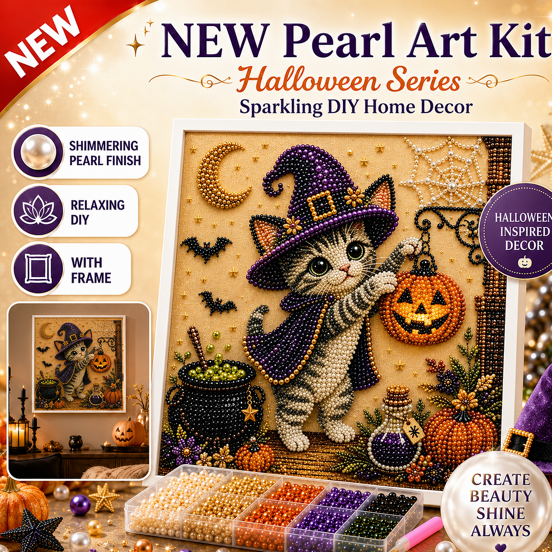 Framed Halloween Kitten - Pearls Painting Kit DIY Diamond Painting Pearl Dot Crafts 20x20CM