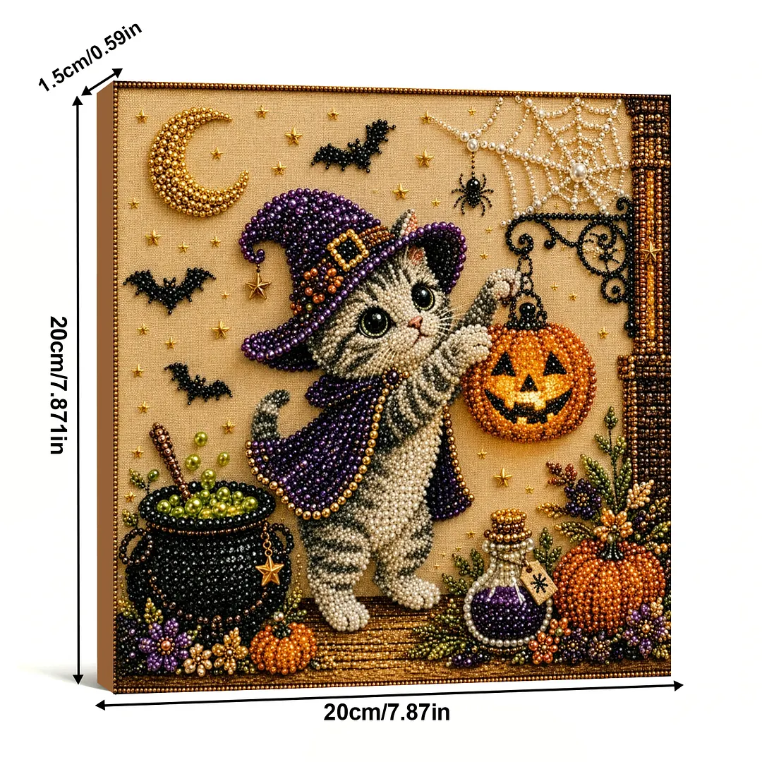 Framed Halloween Kitten - Pearls Painting Kit DIY Diamond Painting Pearl Dot Crafts 20x20CM