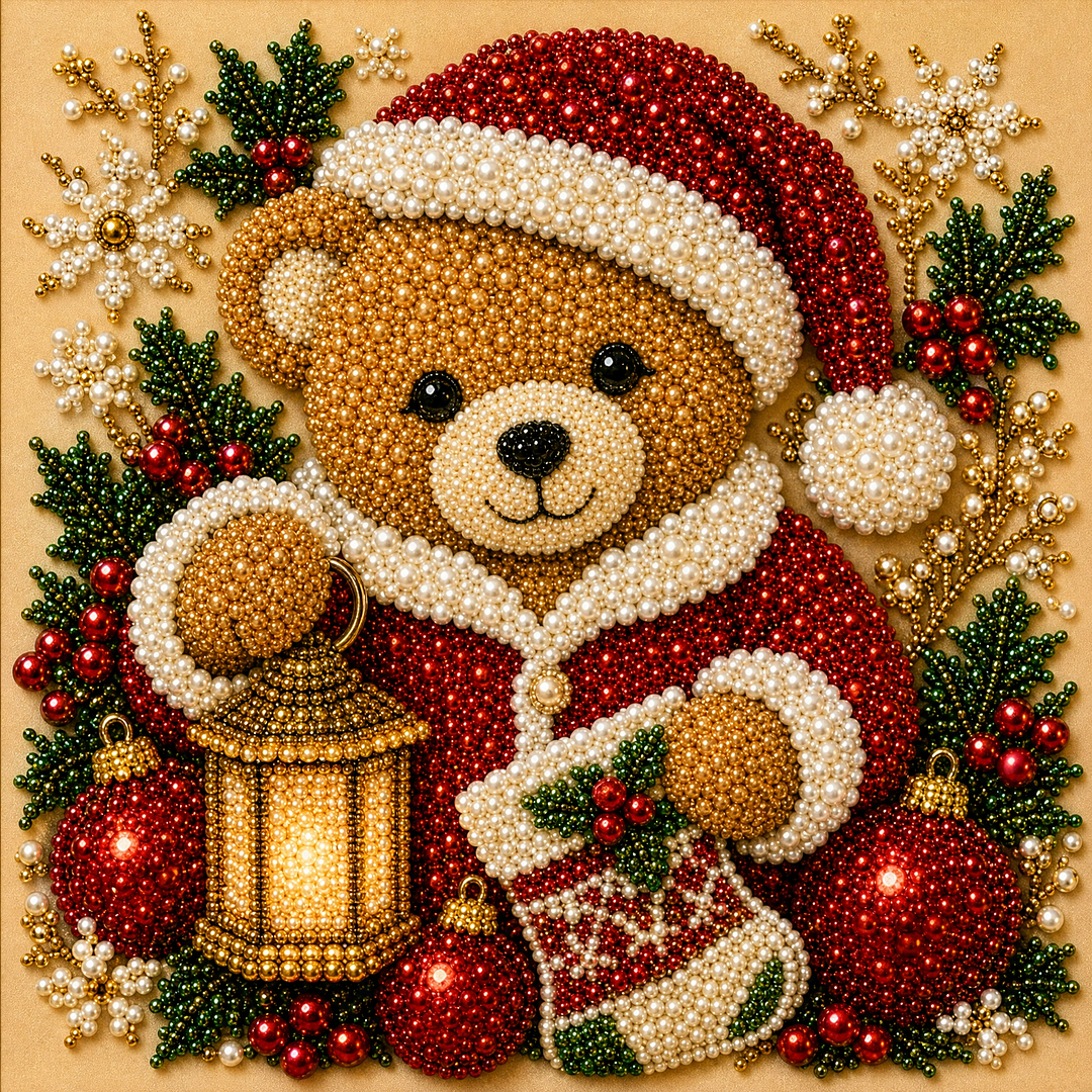 Framed Christmas Bear - Pearls Painting Kit DIY Diamond Painting Pearl Dot Crafts 20x20CM
