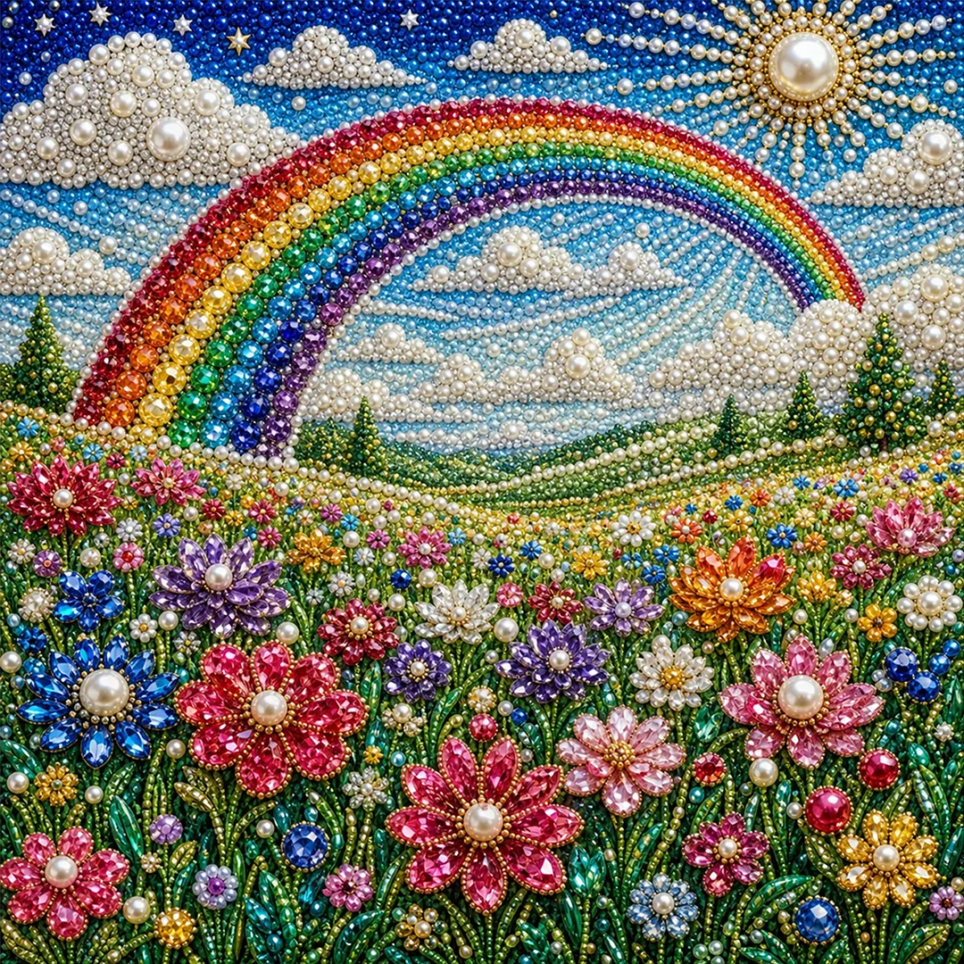 Rainbow Garden Pearl Full DIY 5D Round Drill Gem Art Diamond Painting Kits 15.75x15.75 in Diamond Dots Paintings Picture Arts Craft Diamond Art Kits for Adults Beginner Home Wall Decor