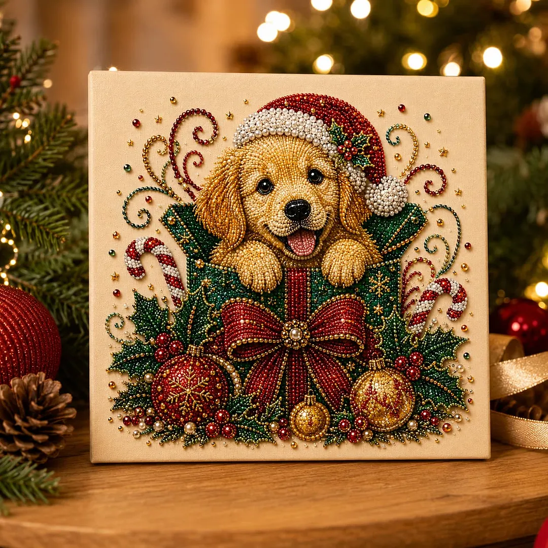 Framed Golden Gift Pup - Pearls Painting Kit DIY Diamond Painting Pearl Dot Crafts 20x20CM