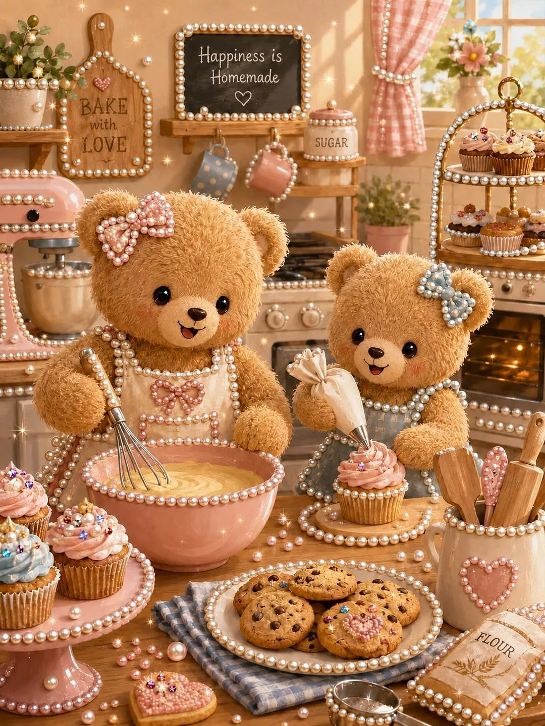 Framed Baking Bear-Pearls Painting Kit DIY Diamond Painting Pearl Dot Crafts 30x40CM