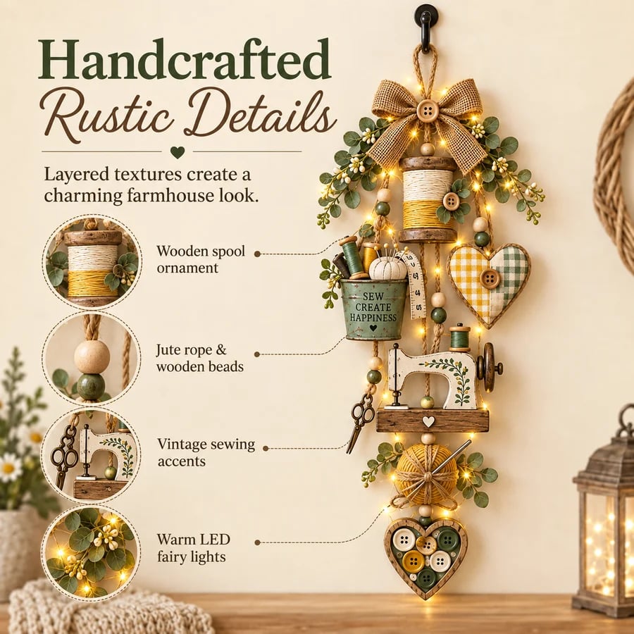Rustic wooden sewing themed hanging ornament in a farmhouse interior