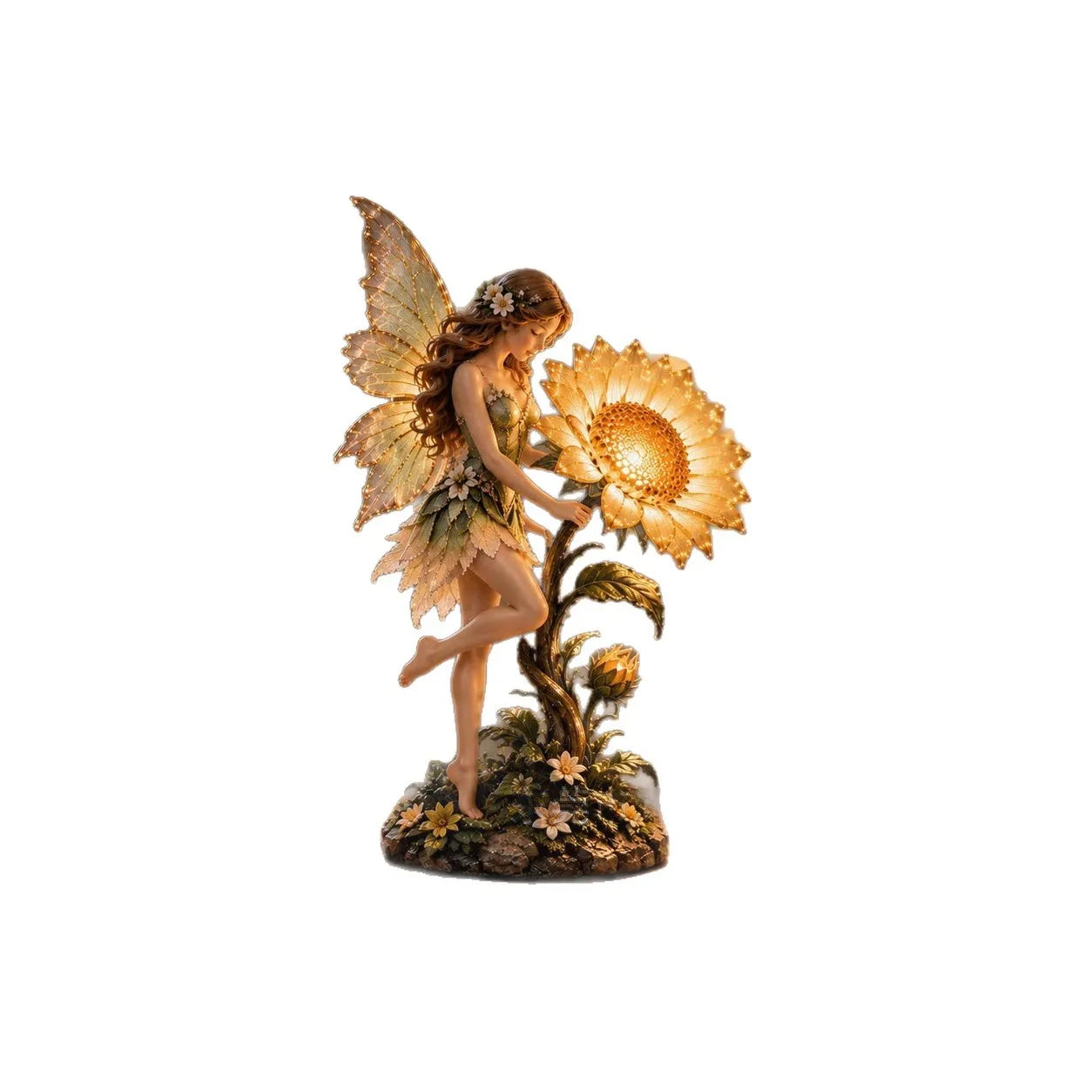 Sunflower fairy statue lamp shown on a white background