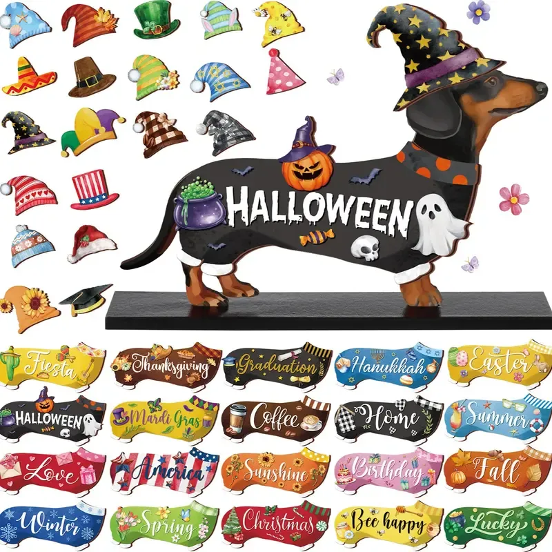 Pet Sign Gift Halloween Decor Cat Ornaments Wooden Sign Cat Desk Decor Interchangeable Pet Decor with Magnet Detachable Hats for Summer Halloween Autumn Holiday Seasonal Birthday Party, Gift for Pet Owning Families and Cat Lovers