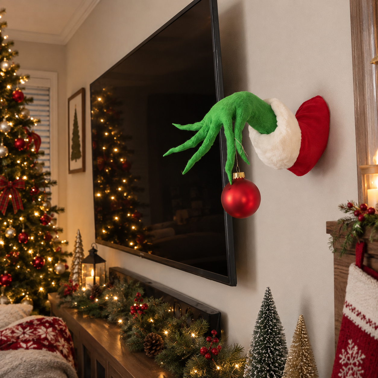 Christmas hand wall decoration beside a television and Christmas tree