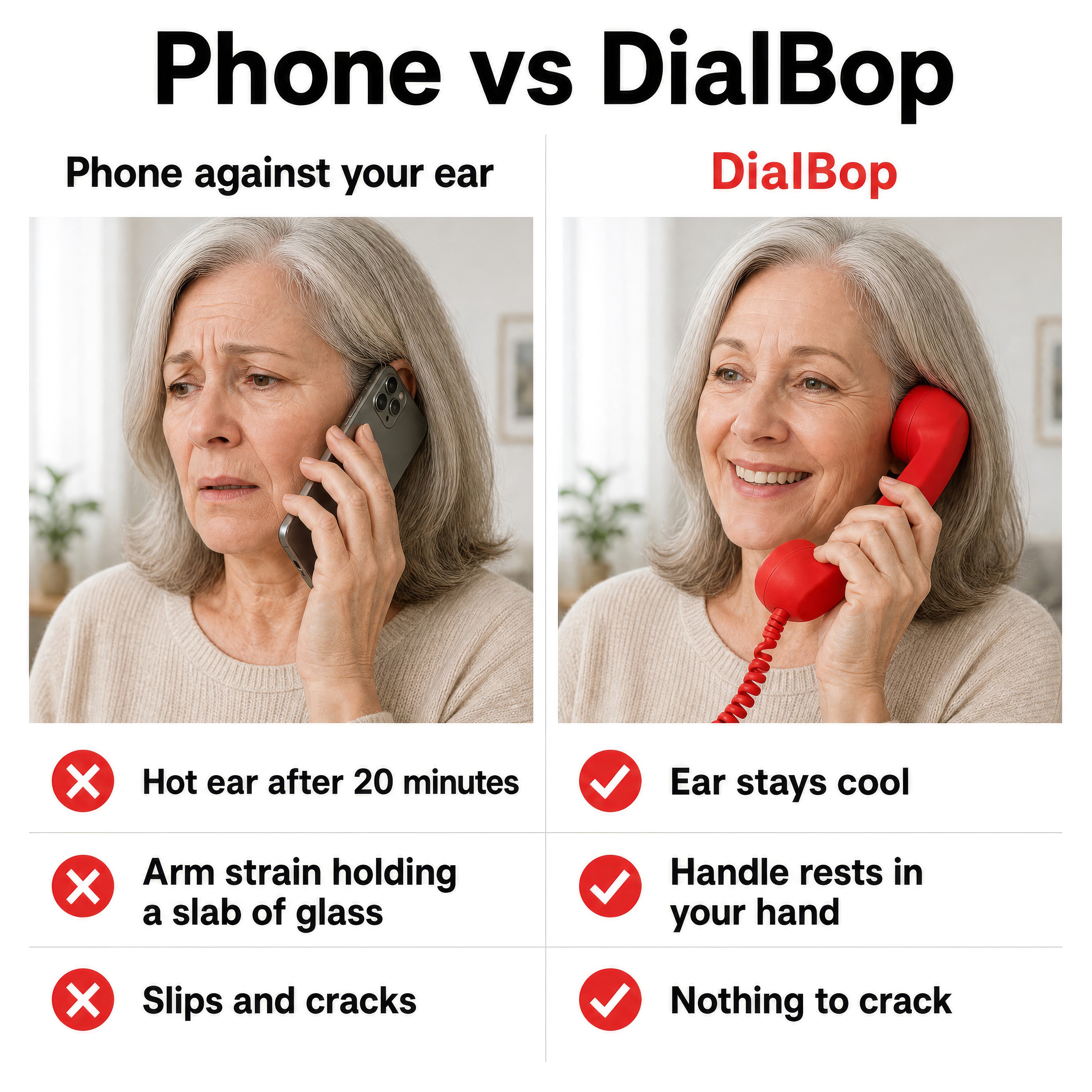 Phone vs DialBop: hot ear, arm strain and cracked screens versus a cool ear, a handle that rests in your hand and nothing to crack