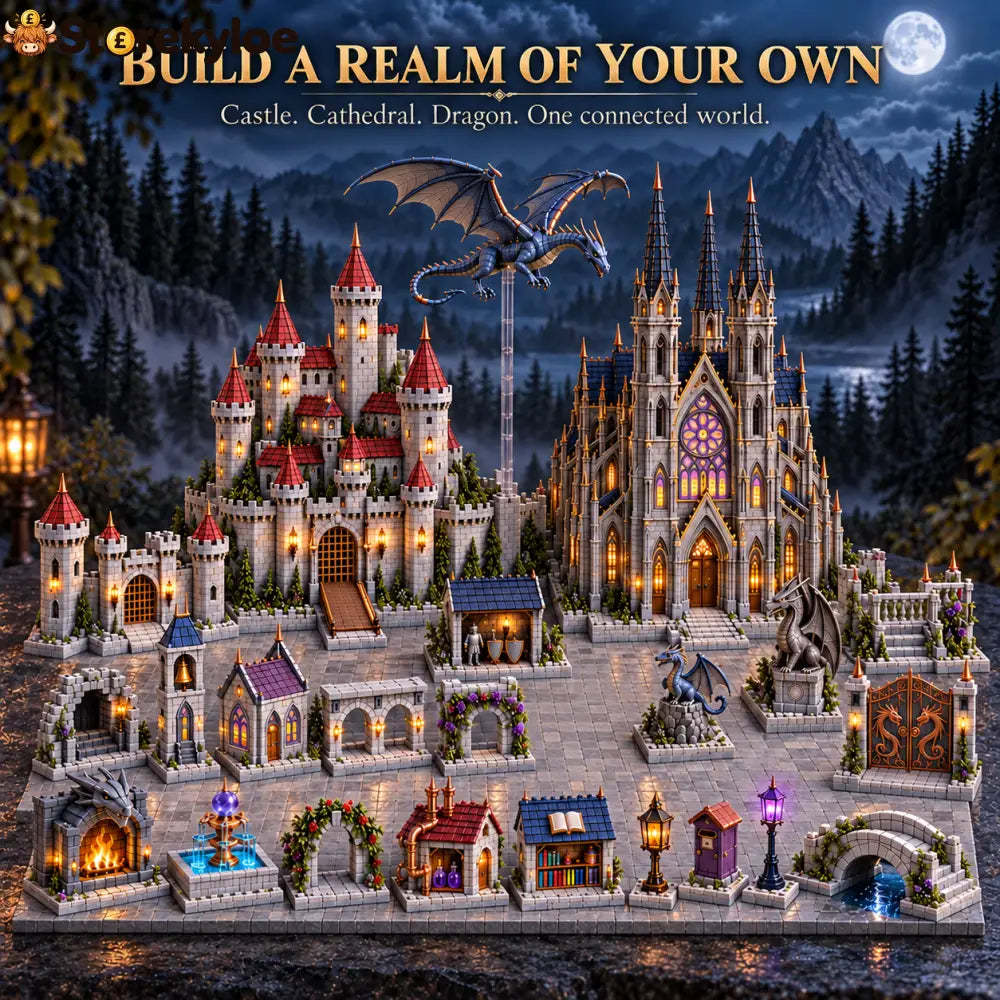 Castle, cathedral and dragon models arranged as a medieval scene