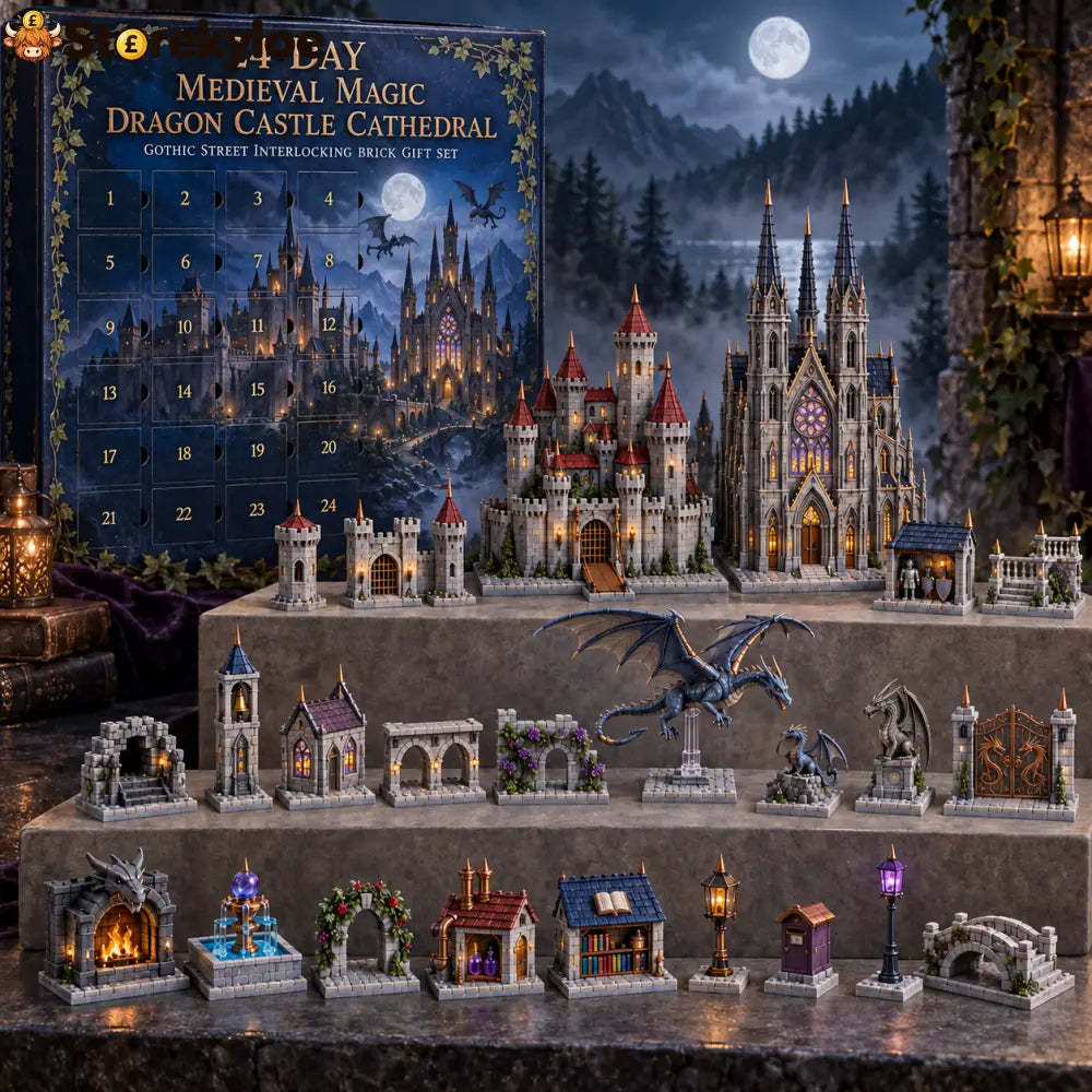 Medieval advent calendar box with castle, cathedral, dragons and gothic street models