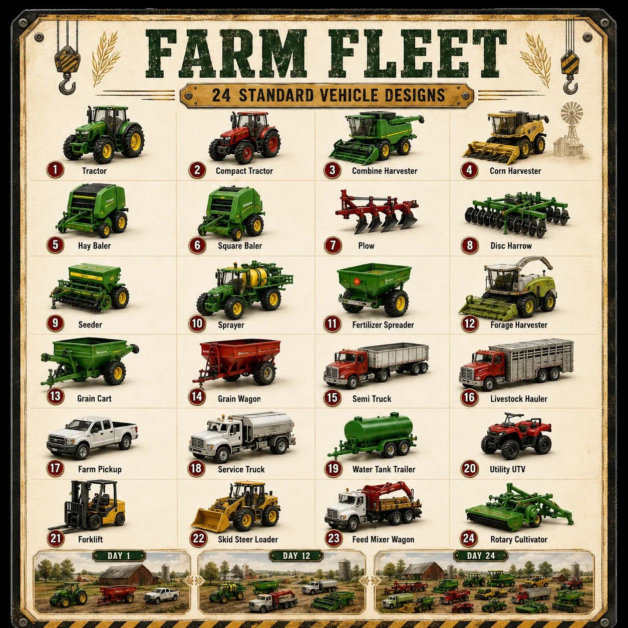 Farm Fleet chart showing 24 vehicle designs