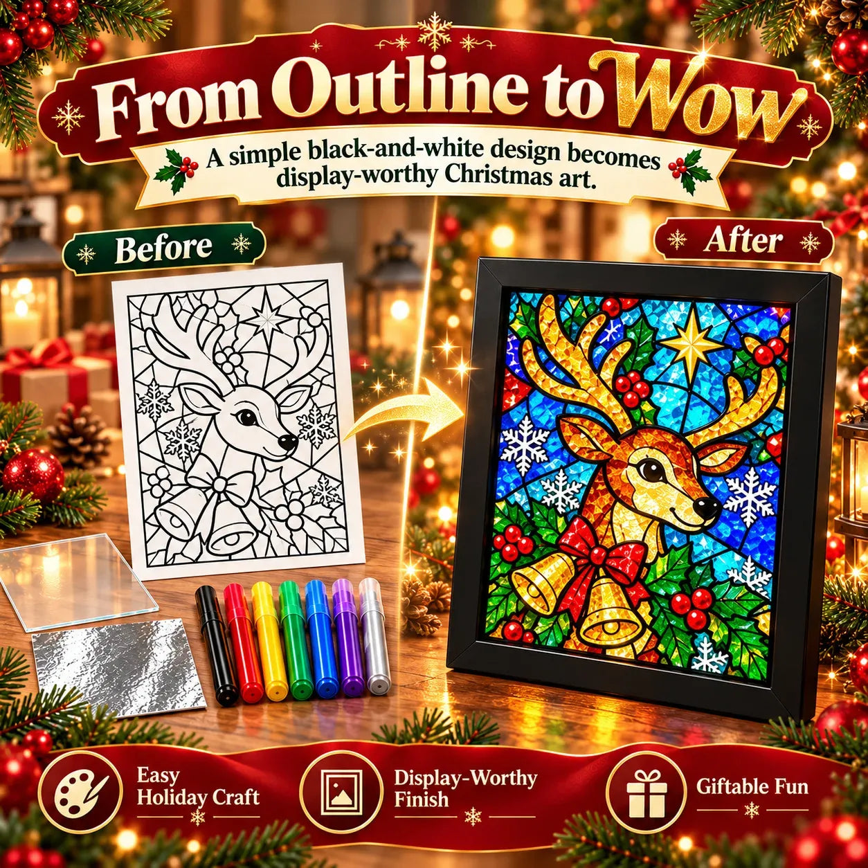🎄Beginner-Friendly Christmas Stained Glass-Style Frame Kit | 8 Festive Designs with Pens, Foil & Frame ✨ - image 2