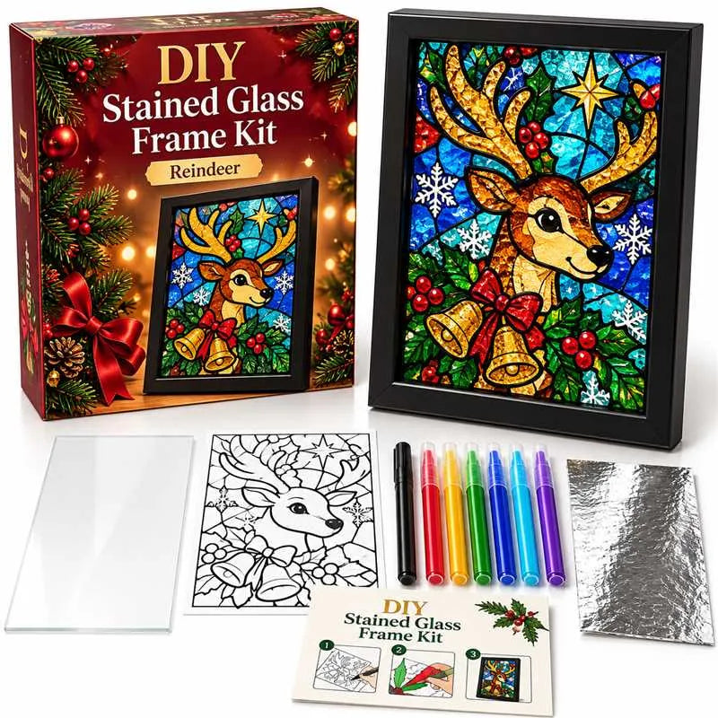 🎄Beginner-Friendly Christmas Stained Glass-Style Frame Kit | 8 Festive Designs with Pens, Foil & Frame ✨ - image 18