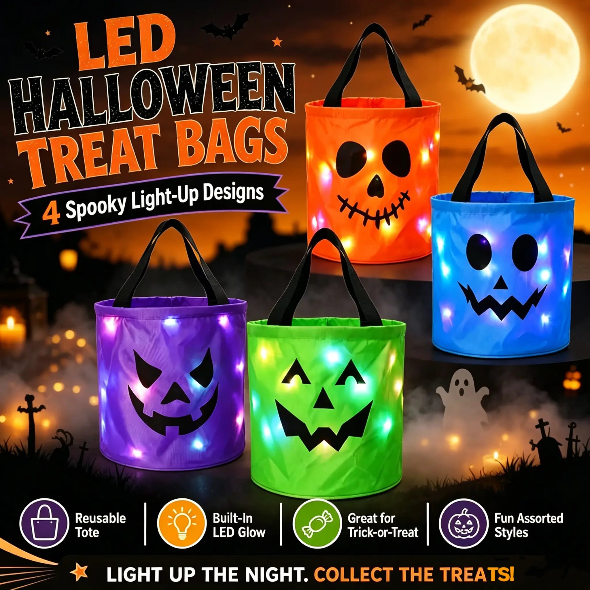  LED Light-Up Halloween Pumpkin Candy Buckets – Reusable Trick-or-Treat Bags🎃