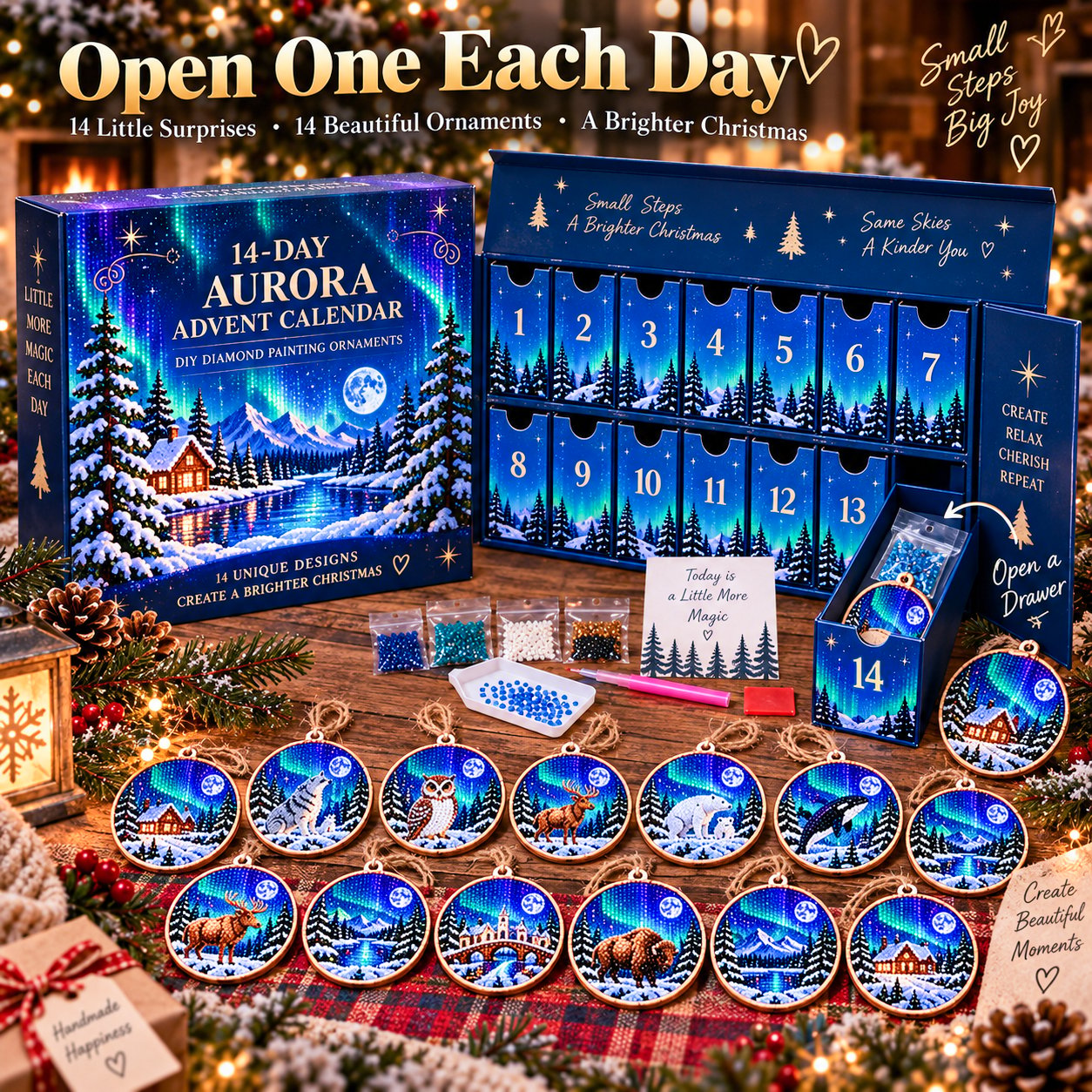 🌌 14-Day Aurora Diamond Painting Advent Calendar – DIY Wooden Christmas Ornament Kit - image 2
