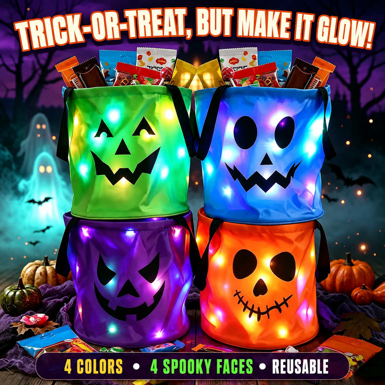  LED Light-Up Halloween Pumpkin Candy Buckets – Reusable Trick-or-Treat Bags🎃