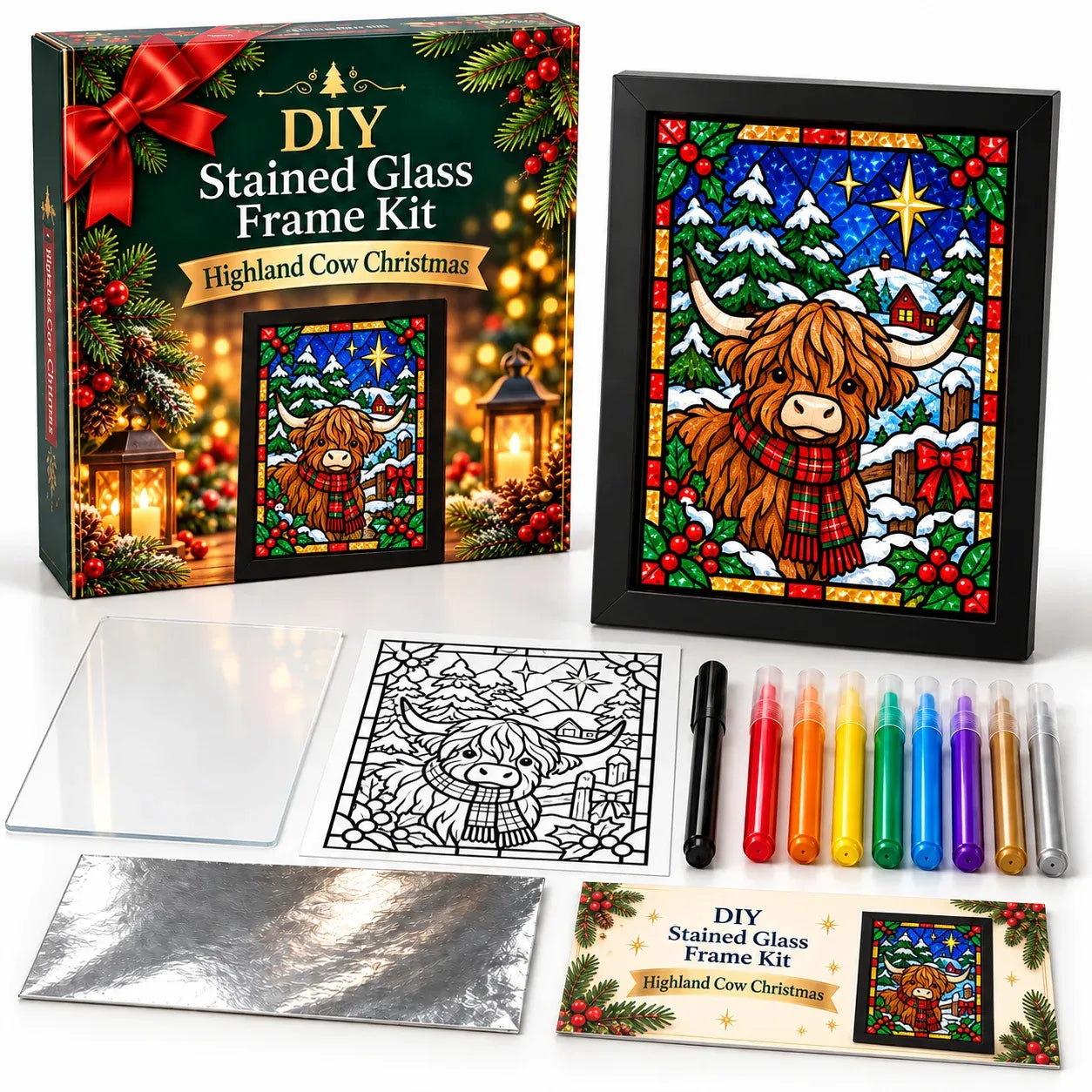 🎄Beginner-Friendly Christmas Stained Glass-Style Frame Kit | 8 Festive Designs with Pens, Foil & Frame ✨ - image 12