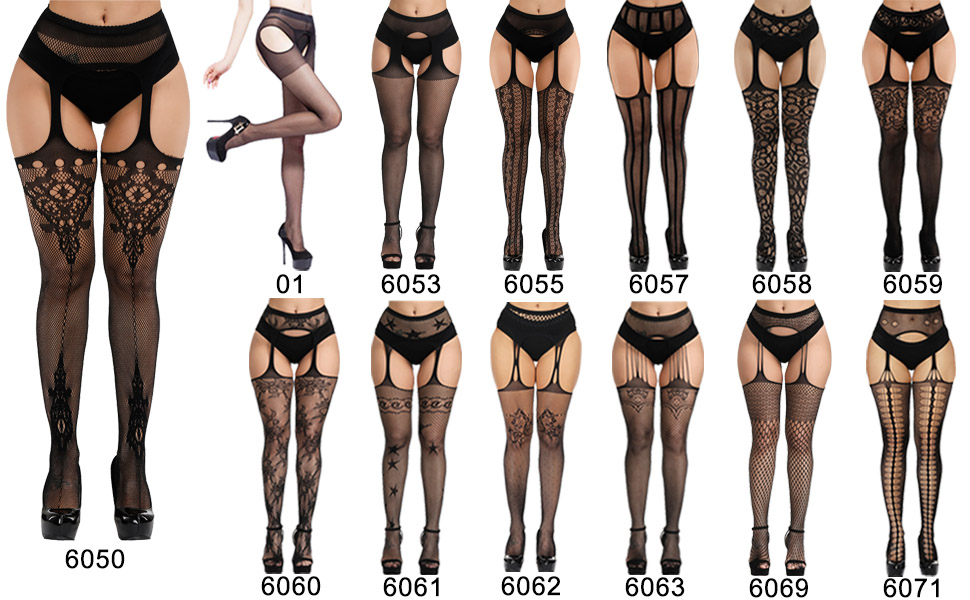 Confonze Womens Sexy Black High Waist Fishnet Tights Suspenders Pantyhose Thigh High Stockings Black