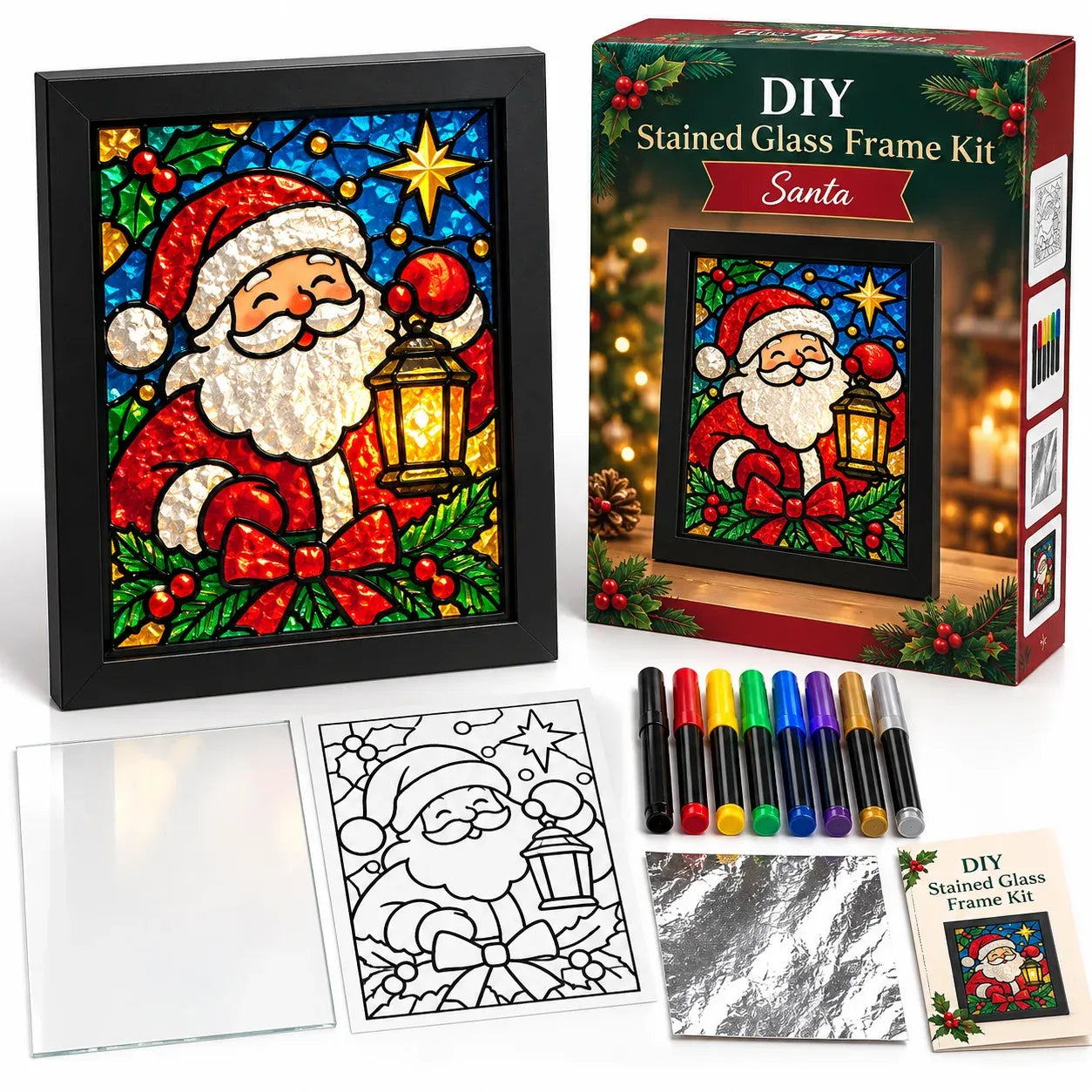 🎄Beginner-Friendly Christmas Stained Glass-Style Frame Kit | 8 Festive Designs with Pens, Foil & Frame ✨ - image 16