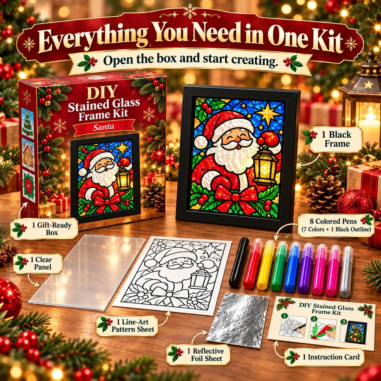 🎄Beginner-Friendly Christmas Stained Glass-Style Frame Kit | 8 Festive Designs with Pens, Foil & Frame ✨ - image 6