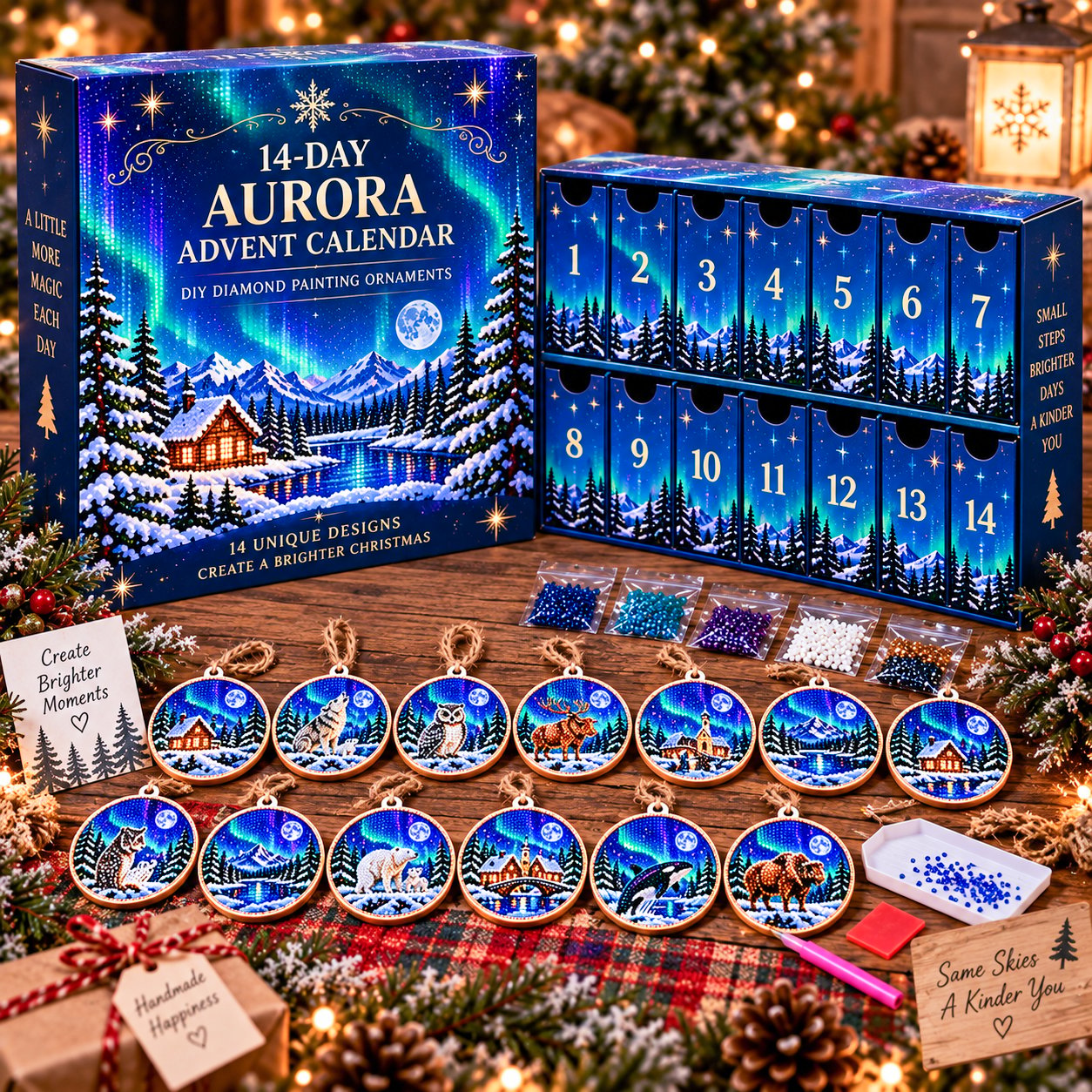 🌌 14-Day Aurora Diamond Painting Advent Calendar – DIY Wooden Christmas Ornament Kit - image 3
