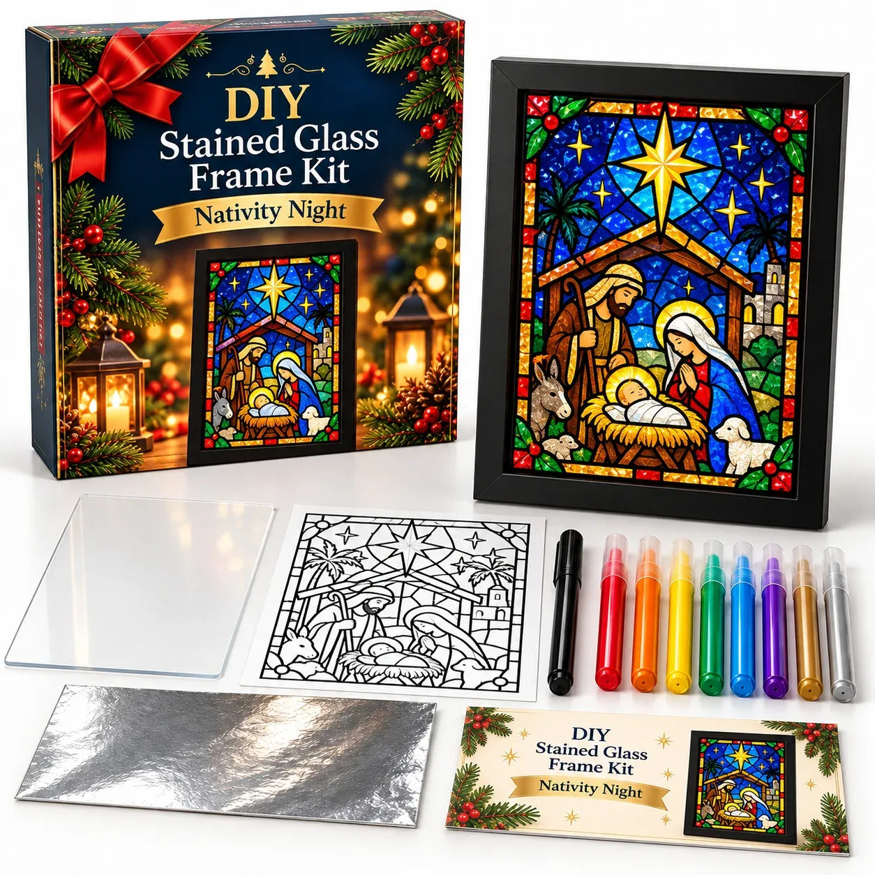 🎄Beginner-Friendly Christmas Stained Glass-Style Frame Kit | 8 Festive Designs with Pens, Foil & Frame ✨ - image 1