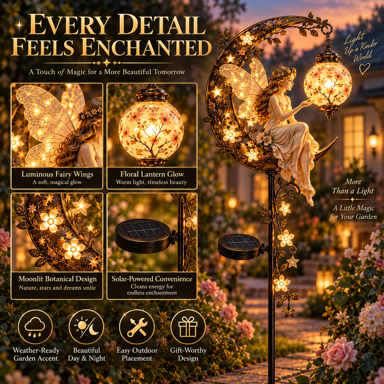 Enchanted Moon Fairy Solar Garden Light feature details
