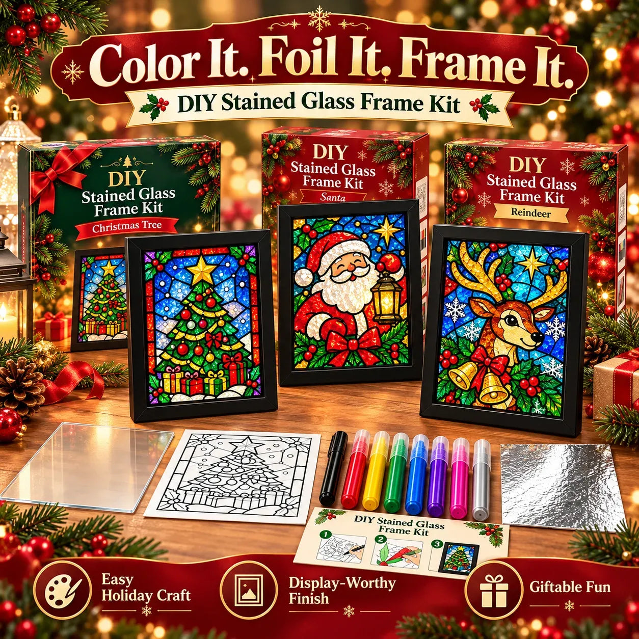 🎄Beginner-Friendly Christmas Stained Glass-Style Frame Kit | 8 Festive Designs with Pens, Foil & Frame ✨ - image 3