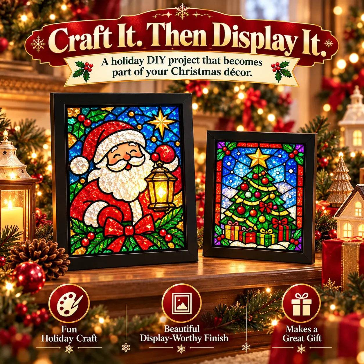 🎄Beginner-Friendly Christmas Stained Glass-Style Frame Kit | 8 Festive Designs with Pens, Foil & Frame ✨ - image 10