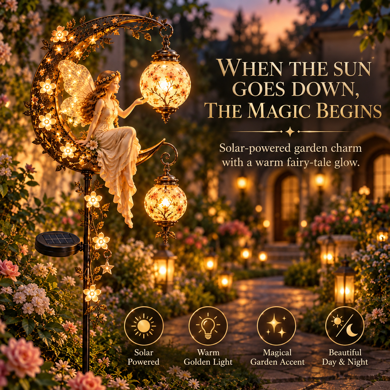 Solar powered moon fairy garden light glowing after sunset