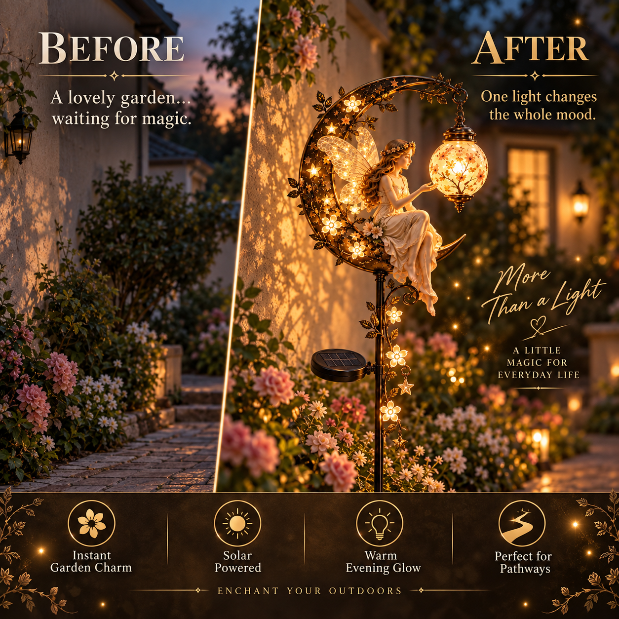 Before and after garden transformed by Enchanted Moon Fairy Solar Garden Light