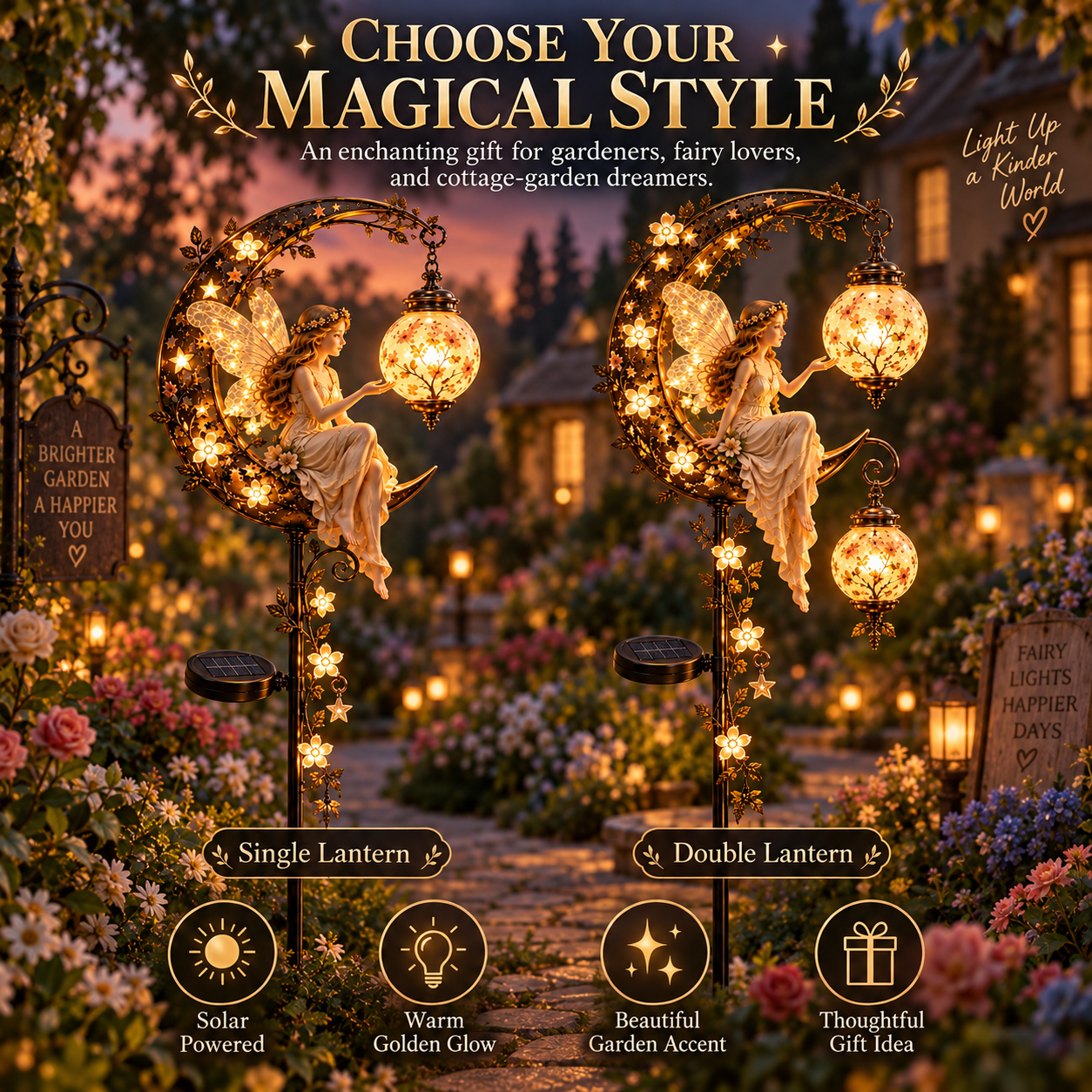 Single Lantern Fairy and Double Lantern Fairy solar garden light styles