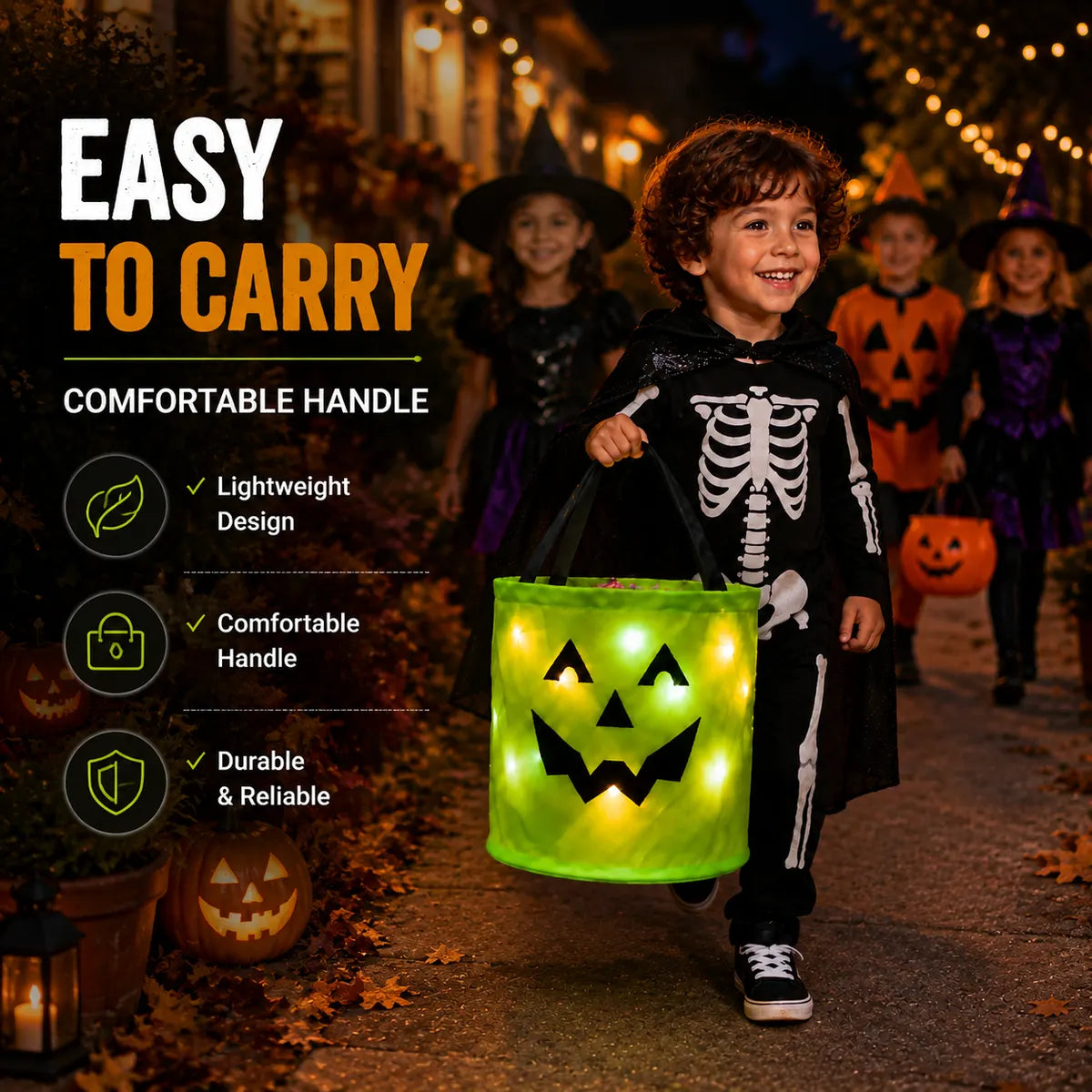  LED Light-Up Halloween Pumpkin Candy Buckets – Reusable Trick-or-Treat Bags🎃