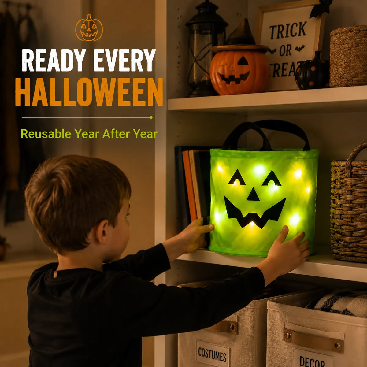  LED Light-Up Halloween Pumpkin Candy Buckets – Reusable Trick-or-Treat Bags🎃