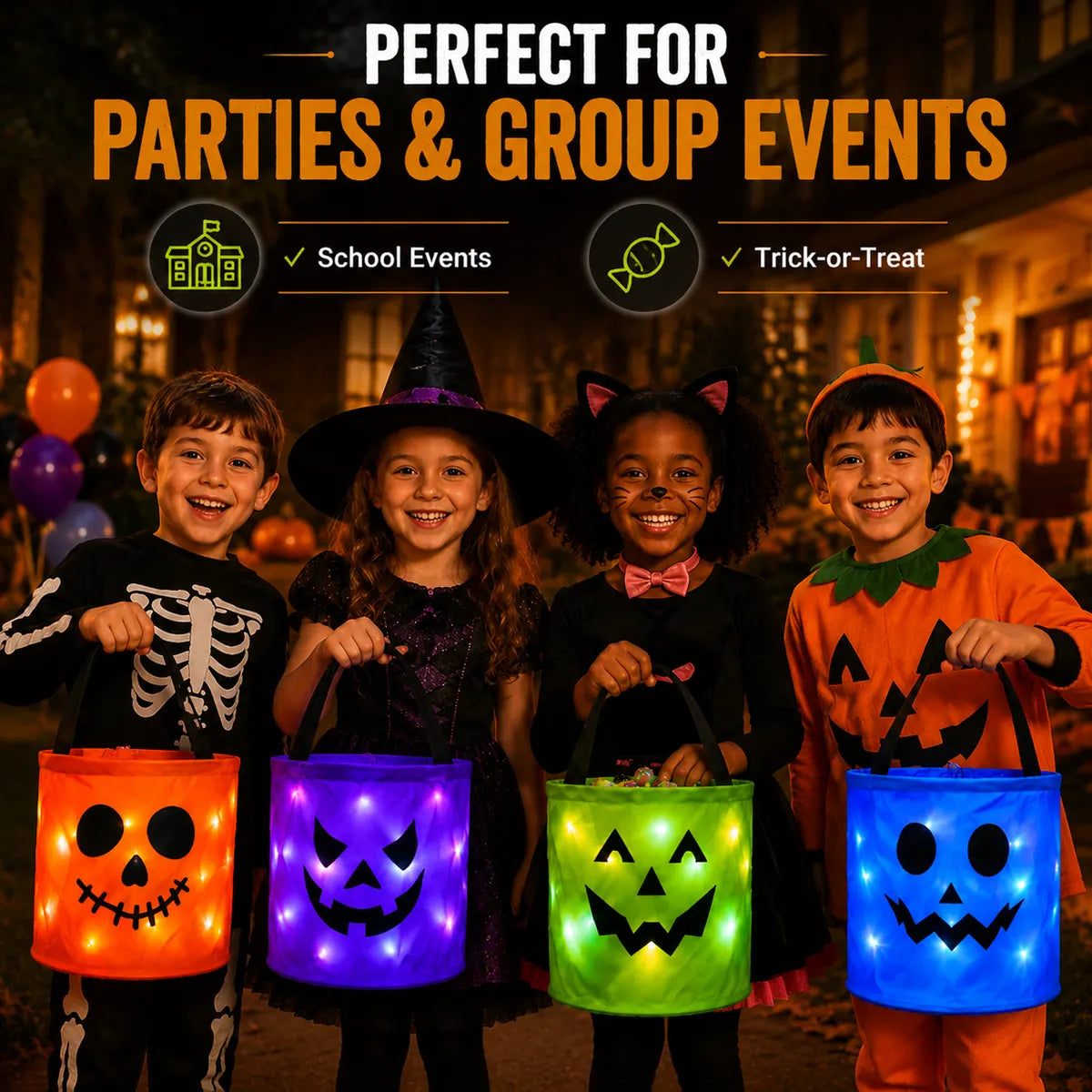  LED Light-Up Halloween Pumpkin Candy Buckets – Reusable Trick-or-Treat Bags🎃