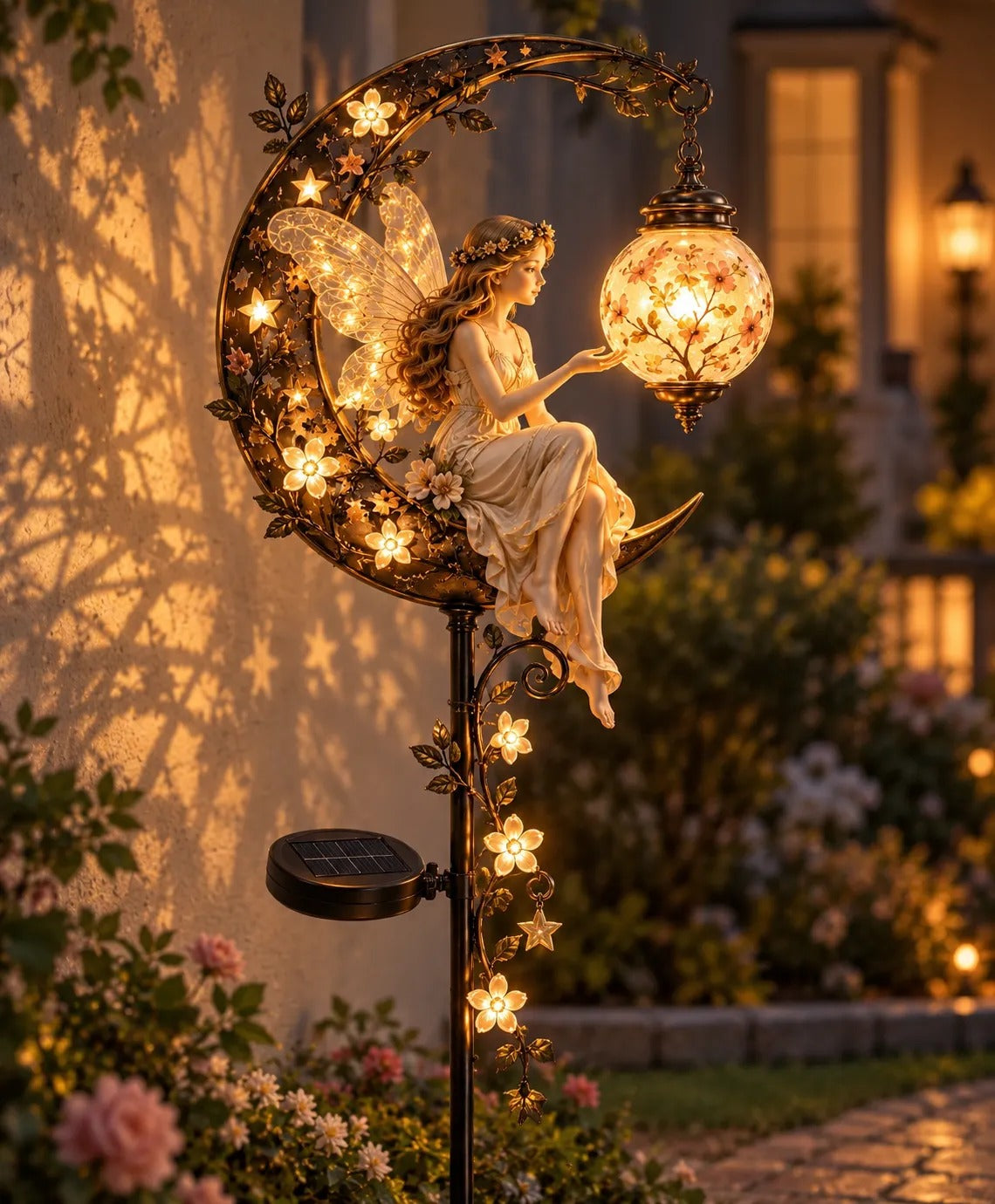 🧚‍♀️🌙 Enchanted Moon Fairy Solar Garden Light | Floral Crescent Lantern Stake, Magical Outdoor Décor & Fairy Garden Accent - image 1